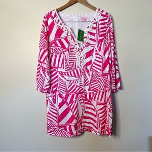 Lilly Pulitzer Julianna Tunic Mini Dress Capri Pink Yacht Sea Beaded V Neck‎